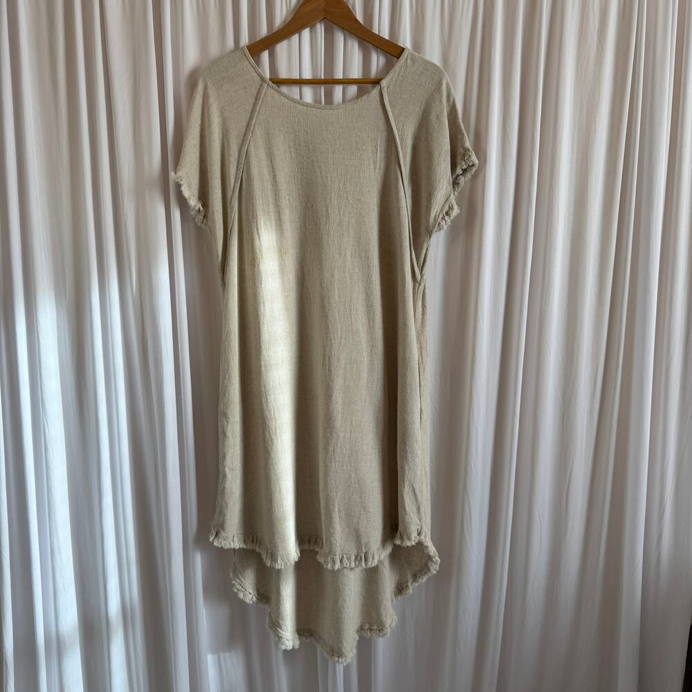 UMGEE Linen Blend Dress Oatmeal High Low Hem Pockets Boho Lagenlook Cover Up - Picture 2 of 8